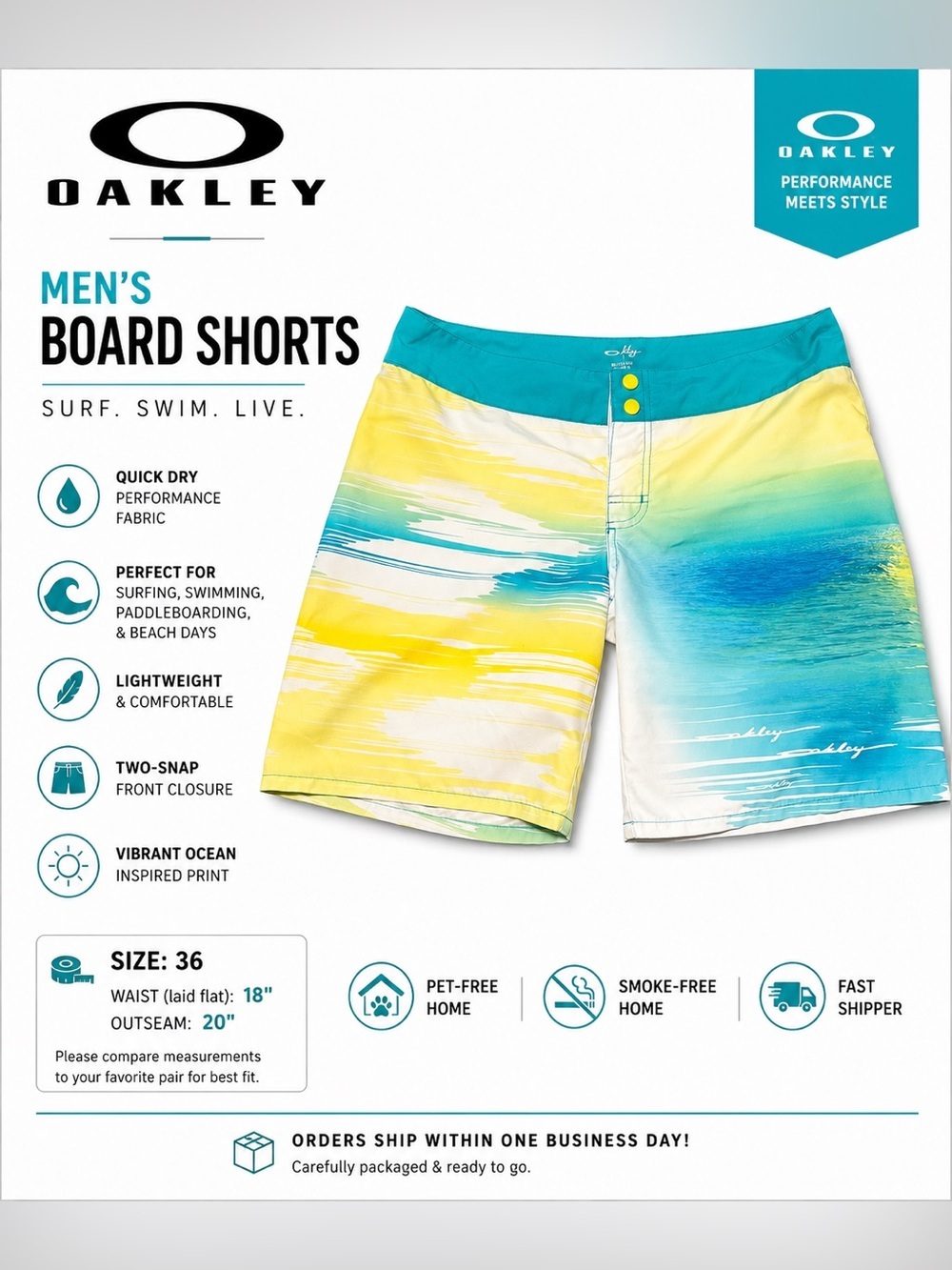 Oakley Men’s Board Shorts Size 36 Aqua Blue Yellow Surf Swim Beach Quick Dry